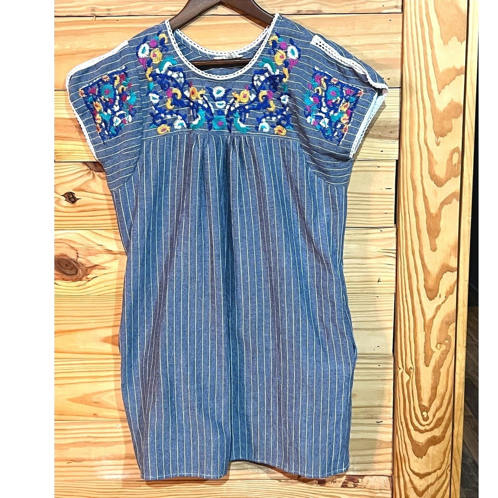 Entro Mexican Shift Mini Dress Blue Floral Embroidery Crochet Lace Womens Medium - Picture 1 of 7